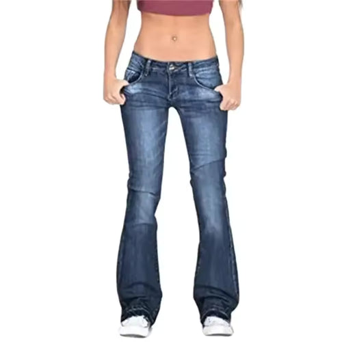 Vintage Washed Mid-Rise Jeans for Women – Micro-Flared Fit - Blue