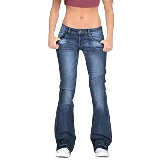 Vintage Washed Mid-Rise Jeans for Women – Micro-Flared Fit - Blue