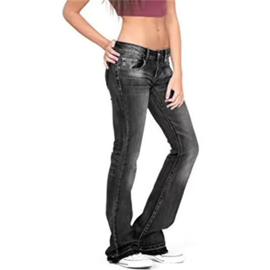 Vintage Washed Mid-Rise Jeans for Women – Micro-Flared Fit - grey